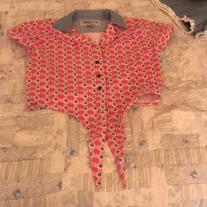 Front tie button up retro short sleeve shirt with collar